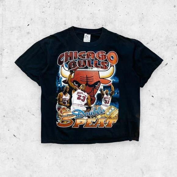 Vtg 90s Chicago Bulls 3 Peat World Champs AOP Shirt, Jordan Rodman, Rap Tee, XL - Picture 1 of 12